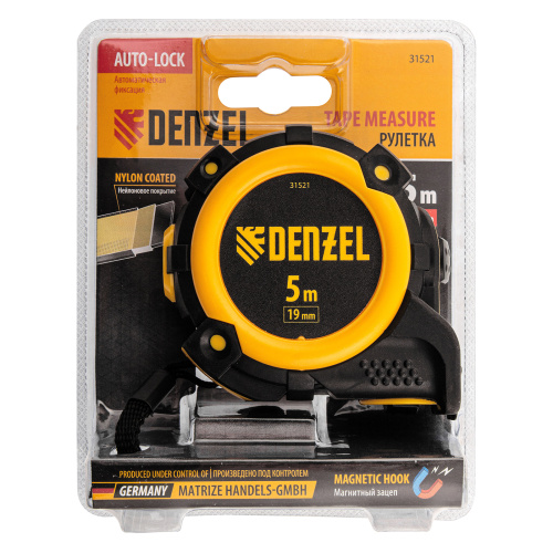 Рулетка 5м х 19мм, автоматич. фиксац., нейлон. покрытие, магнит. зацеп, двухстор. разметка Denzel по ценам производителя в Челябинске с доставкой по всей России