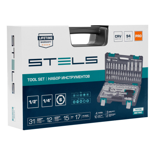 Набор инструментов, 1/2", 1/4", CrV, пластиковый кейс 94 предмета Stels по ценам производителя в Челябинске с доставкой по всей России