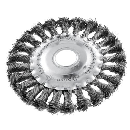 Щетка для УШМ, 125 мм, "Плоская", крученая нержавеющая проволока 0.5 мм, посадка 22.2 мм Denzel по ценам производителя в Челябинске с доставкой по всей России