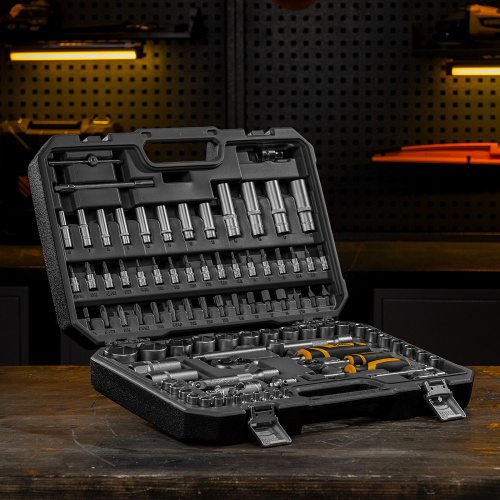 Набор инструментов, 1/2", 1/4", CrV, S2, пластиковый кейс, 94 предмета Denzel по ценам производителя в Челябинске с доставкой по всей России