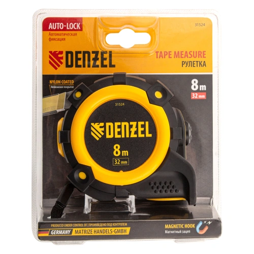 Рулетка 8м х 32мм, автоматич. фиксац., нейлон. покрытие, магнит. зацеп, двухстор. разметка Denzel по ценам производителя в Челябинске с доставкой по всей России
