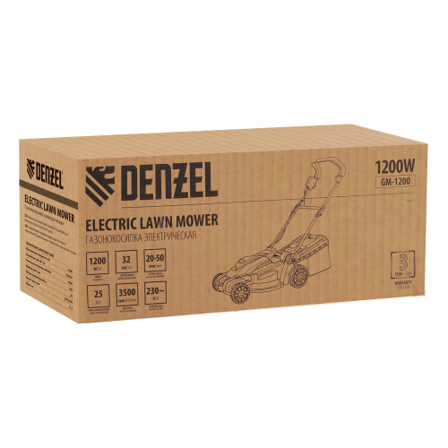 Газонокосилка электрическая GM-1200, 1200 Вт, ширина 32 см, 3 уровня, травосборник 25 л. Denzel по ценам производителя в Челябинске с доставкой по всей России