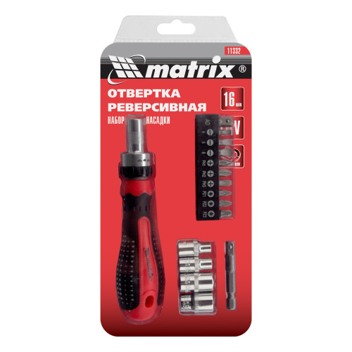 Отвертка реверсивная с набором бит и насадок торцевых, CrV, 1/4, 16 шт Matrix по ценам производителя в Челябинске с доставкой по всей России
