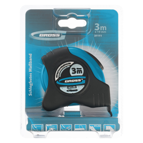 Рулетка "Schlagfest",3 м x 19 мм,магнитный обрезиненный зацеп,двусторонняя шкала,Нейлоновое покрытие,автоматическая фиксация Gross по ценам производителя в Челябинске с доставкой по всей России