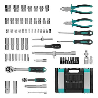 Набор инструментов, 1/2", 1/4", CrV, пластиковый кейс 69 предметов Stels по ценам производителя в Челябинске с доставкой по всей России