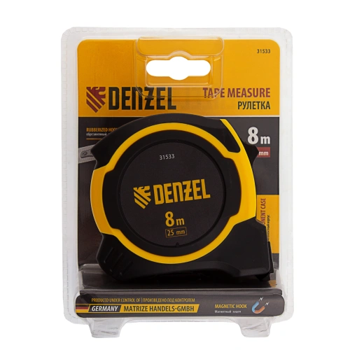 Рулетка 8м х 25мм, двухкомп. корпус, магнитный обрезиненный зацеп Denzel по ценам производителя в Челябинске с доставкой по всей России
