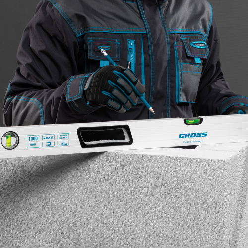 Уровень алюминиевый, 1000 мм, усиленный, рукоятки, фрезерованный, 3 глазка, магнитный Gross по ценам производителя в Челябинске с доставкой по всей России