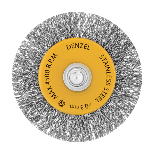 Щетка для дрели, 50 мм, Плоская, со шпилькой, нержавеющая витая проволока Denzel по ценам производителя в Челябинске с доставкой по всей России