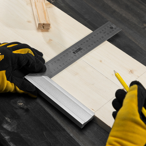 Угольник стальной 300 мм, нержавеющая сталь, градуировка, алюминиевое основание Denzel по ценам производителя в Челябинске с доставкой по всей России