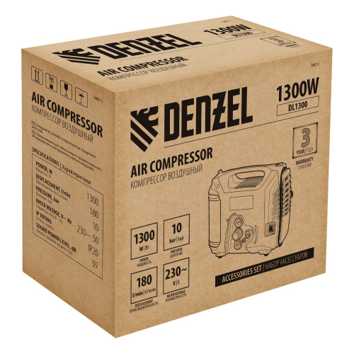 Компрессор воздушный DL1300, 10 бар, 1,3 кВт 180 л/мин 5 л, с набором аксессуаров Denzel по ценам производителя в Челябинске с доставкой по всей России