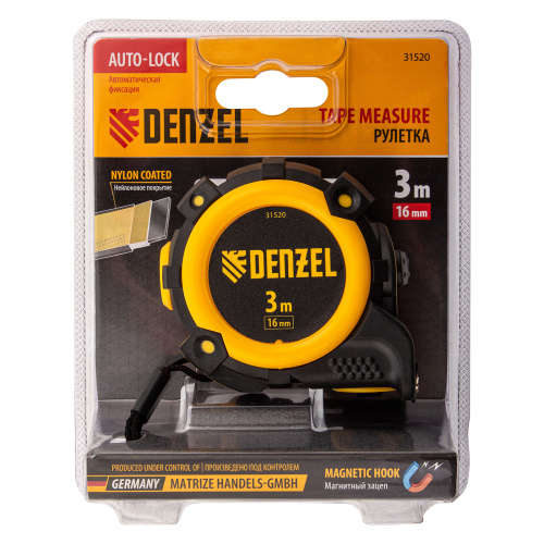 Рулетка 3м х 16мм, автоматич. фиксац., нейлон. покрытие, магнит. зацеп, двухстор. разметка Denzel по ценам производителя в Челябинске с доставкой по всей России