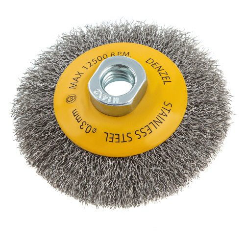 Щетка для УШМ, 100 мм, "Тарелка", витая нержавеющая проволока 0.3 мм, М14 Denzel по ценам производителя в Челябинске с доставкой по всей России