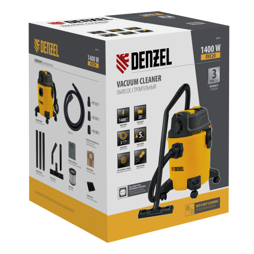 Пылесос строительный RVC20, 1400 Вт, бак 20 л, шланг 3 м, розетка с автосинхр. Denzel по ценам производителя в Челябинске с доставкой по всей России