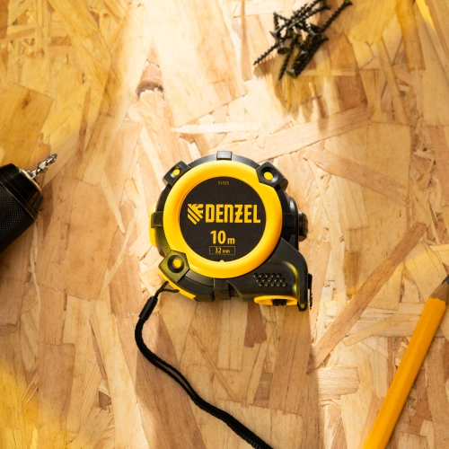 Рулетка 10м х 32мм, автоматич. фиксац., нейлон. покрытие, магнит. зацеп, двухстор. разметка Denzel по ценам производителя в Челябинске с доставкой по всей России
