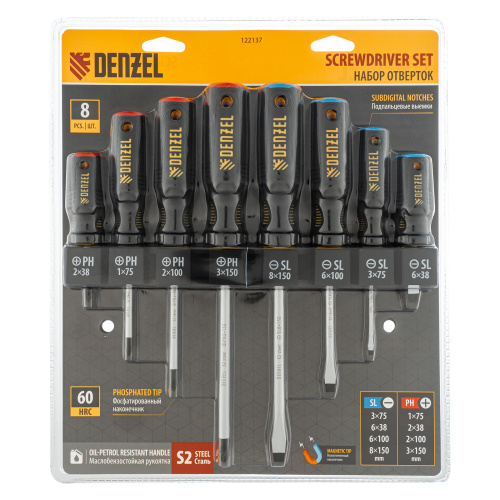 Набор отверток на полке, 8 шт., PH+SL, S2, 3к рукоятка Denzel по ценам производителя в Челябинске с доставкой по всей России