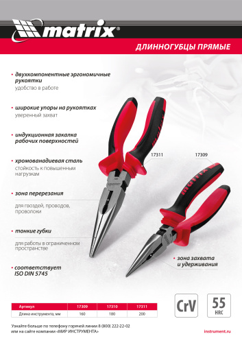 Длинногубцы прямые, 200 мм, хром-ванадий, двухкомпонентные рукоятки Matrix по ценам производителя в Челябинске с доставкой по всей России