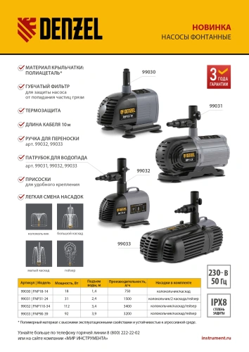 Насос фонтанный FNP18-14, 18 Вт, подъем 1,4 м, 750 л/ч, колокольчик/каскад Denzel по ценам производителя в Челябинске с доставкой по всей России