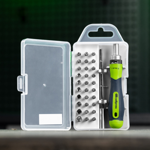 Отвертка реверсивная для точных работ с набором бит и торцевых головок, 32 предмета, CrV Сибртех по ценам производителя в Челябинске с доставкой по всей России