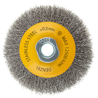 Щетка для УШМ, 100 мм, "Тарелка", витая нержавеющая проволока 0.3 мм, М14 Denzel по ценам производителя в Челябинске с доставкой по всей России