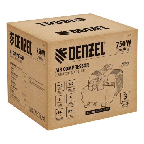 Компрессор  DLS750/6 безмасляный малошумный 750 Вт, 140 л/мин,ресивер 6 л Denzel по ценам производителя в Челябинске с доставкой по всей России