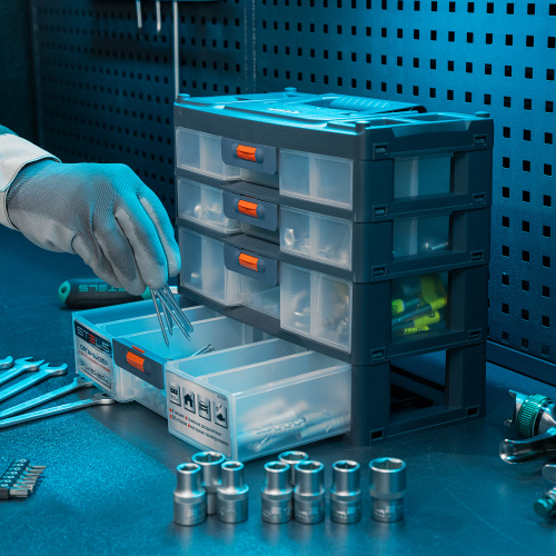 Органайзер для хранения с выдвижными лотками 310х150х260мм, 4 секции, пластик Stels по ценам производителя в Челябинске с доставкой по всей России