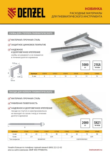 Гвозди для пнев. нейлера (оцинк.) длина - 50 мм, диам. - 2,9 мм, 2000 шт. Denzel по ценам производителя в Челябинске с доставкой по всей России