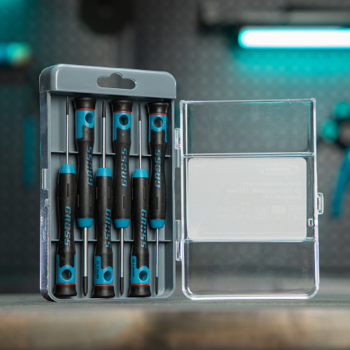 Набор отверток для точной механики, CrMo, двухкомпонентные рукоятки, 6 шт, пластиковый бокс Gross по ценам производителя в Челябинске с доставкой по всей России