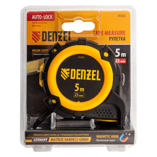 Рулетка 5м х 25мм, автоматич. фиксац., нейлон. покрытие, магнит. зацеп, двухстор. разметка Denzel по ценам производителя в Челябинске с доставкой по всей России