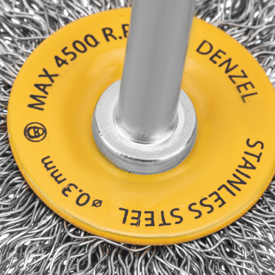 Щетка для дрели, 50 мм, Плоская, со шпилькой, нержавеющая витая проволока Denzel по ценам производителя в Челябинске с доставкой по всей России