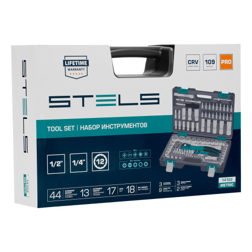 Набор инструментов 1/2", 1/4", CrV, 12 гранные головки, пластиковый кейс, 109 предмета Stels по ценам производителя в Челябинске с доставкой по всей России