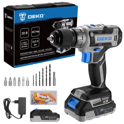 Аккумуляторная дрель-шуруповерт DEKO DKCD20V ONE + в кейсе + набор 63 инструмента для дома, 20В, 2x2 купить в Москве с доставкой по всей России | ProtosMarket.ru