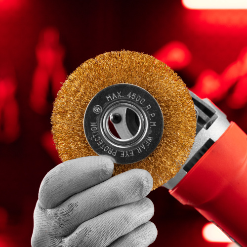 Щетка для УШМ, 100 мм, посадка 22.2 мм, плоская, латунированная витая проволока Matrix по ценам производителя в Челябинске с доставкой по всей России