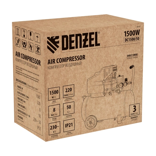 Компрессор воздушный, прямой привод DC1500/50, 1.5 кВт, 50 литров, 220 л/мин Denzel купить в Москве с доставкой по всей России | ProtosMarket.ru