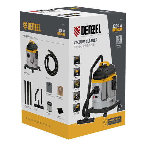 Пылесос строительный SVC15, 1200 Вт, бак 15 л, шланг 2 м Denzel по ценам производителя в Челябинске с доставкой по всей России