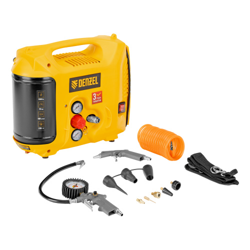 Компрессор воздушный DL1300, 10 бар, 1,3 кВт 180 л/мин 5 л, с набором аксессуаров Denzel по ценам производителя в Челябинске с доставкой по всей России