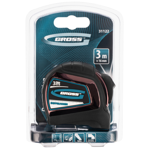 Рулетка "Doppelhaken",3 м x 16 мм,односторонний зацеп,Нейлон,двусторонняя шкала,автоматическая фиксация Gross по ценам производителя в Челябинске с доставкой по всей России