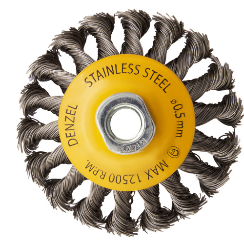 Щетка для УШМ, 100 мм, "Тарелка", крученая нержавеющая проволока 0.5 мм, М14 Denzel по ценам производителя в Челябинске с доставкой по всей России