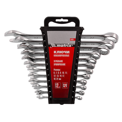 Набор ключей комбинированных, 6-22 мм, 12 шт, CrV, полированный хром Matrix по ценам производителя в Челябинске с доставкой по всей России