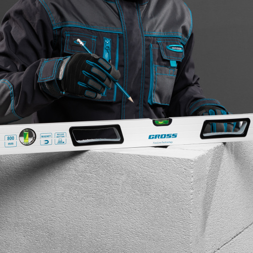 Уровень алюминиевый, 800 мм, усиленный, рукоятки, фрезерованный, 3 глазка, магнитный Gross по ценам производителя в Челябинске с доставкой по всей России