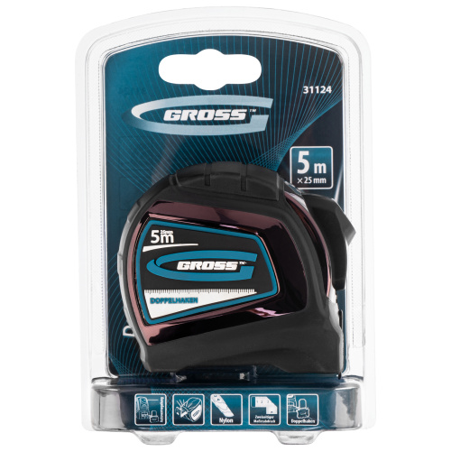 Рулетка "Doppelhaken",5 м x 25 мм,двухсторонний зацеп,Нейлон,двусторонняя шкала,автоматическая фиксация Gross по ценам производителя в Челябинске с доставкой по всей России
