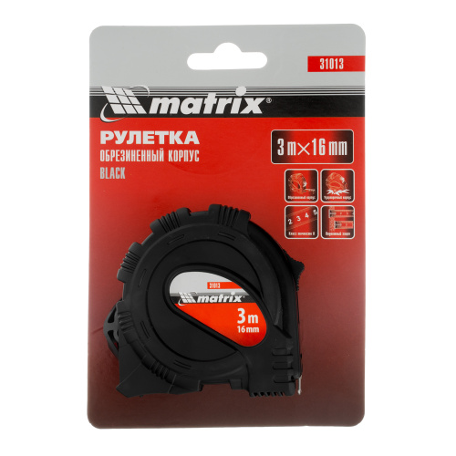 Рулетка Black,3 м х 16 мм,обрезиненный корпус Matrix по ценам производителя в Челябинске с доставкой по всей России