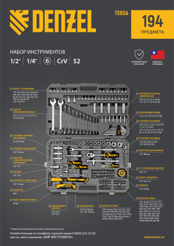 Набор инструментов, 1/2", 1/4", CrV, S2, пластиковый кейс, 194 предмета Denzel по ценам производителя в Челябинске с доставкой по всей России