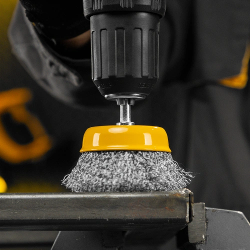 Щетка для дрели, 75 мм, Чашка, со шпилькой, нержавеющая витая проволока Denzel по ценам производителя в Челябинске с доставкой по всей России