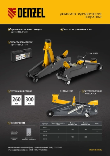 Домкрат гидравлический подкатной с фиксатором, 2 т, 130-330 мм Denzel по ценам производителя в Челябинске с доставкой по всей России