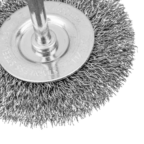 Набор щеток для дрели, 2 Плоские 50-75мм, 3 Чашки 25-50-75мм, шпилька,  нерж.вит. проволока Denzel по ценам производителя в Челябинске с доставкой по всей России