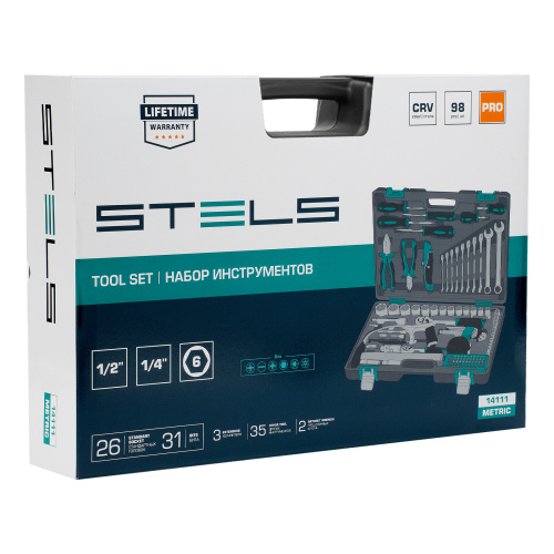 Набор инструментов, 1/2", 1/4", CrV, пластиковый кейс 98 предметов Stels по ценам производителя в Челябинске с доставкой по всей России