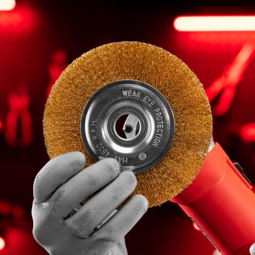 Щетка для УШМ, 150 мм, посадка 22.2 мм, плоская, латунированная витая проволока Matrix по ценам производителя в Челябинске с доставкой по всей России