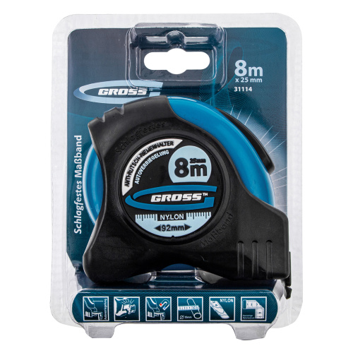 Рулетка "Schlagfest",8 м x 25 мм,магнитный обрезиненный зацеп,двусторонняя шкала,Нейлоновое покрытие,автоматическая фиксация Gross по ценам производителя в Челябинске с доставкой по всей России