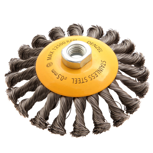 Щетка для УШМ, 125 мм, "Тарелка", крученая нержавеющая проволока 0.5 мм, М14 Denzel по ценам производителя в Челябинске с доставкой по всей России