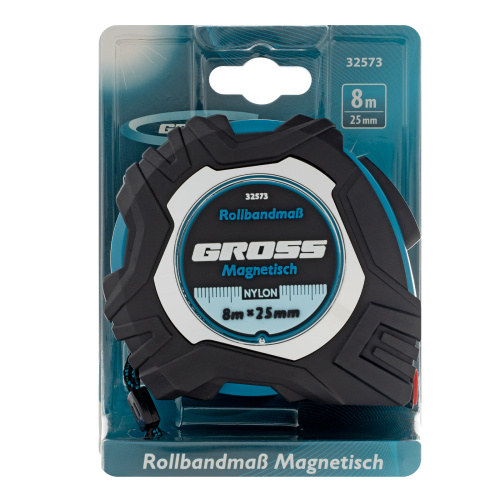 Рулетка Magnetisch 8 м х 25 мм,обрезиненный корпус,автоматическая фиксация,Нейлоновое покрытиеытие,зацеп с магнитом Gross по ценам производителя в Челябинске с доставкой по всей России